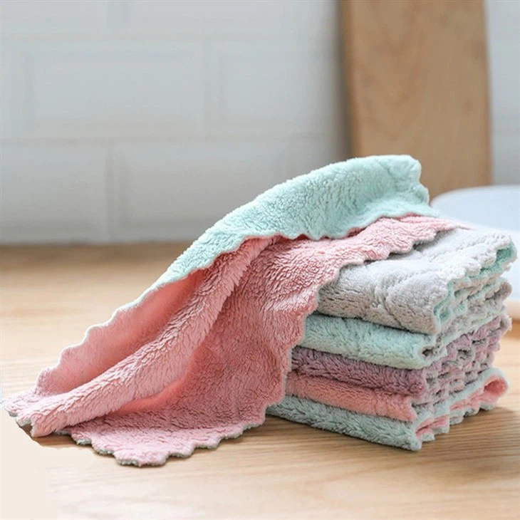 Kitchen Plain Color Non-oil Dishwashing Towel Household Double Coral Velvet Cleaning Dishwashing Cloth